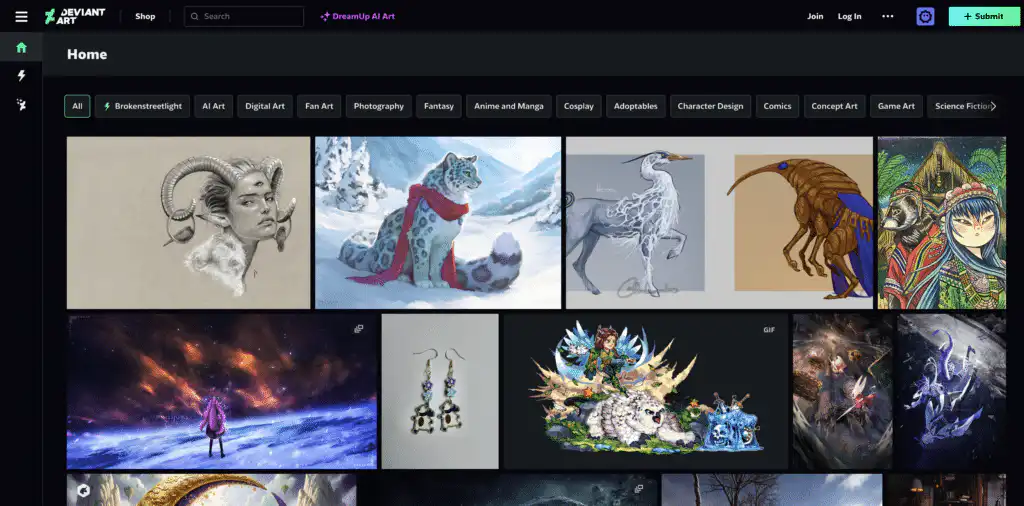 DeviantArt gallery showcasing diverse digital artworks, including fantasy portraits, winter landscapes, and character designs.