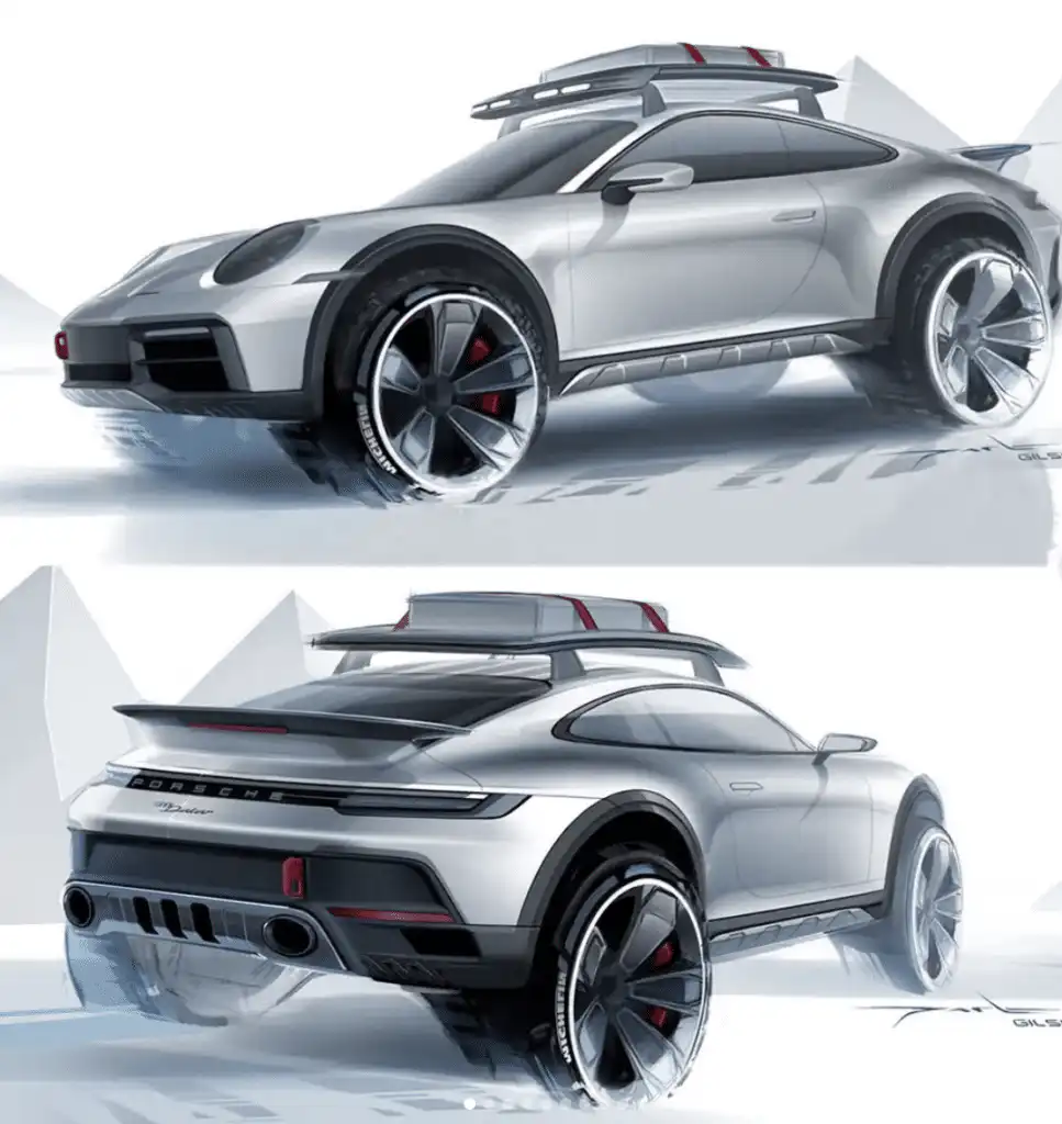 Concept design of a sleek silver sports car with roof rack, large tires, and aerodynamic features, set against an abstract
