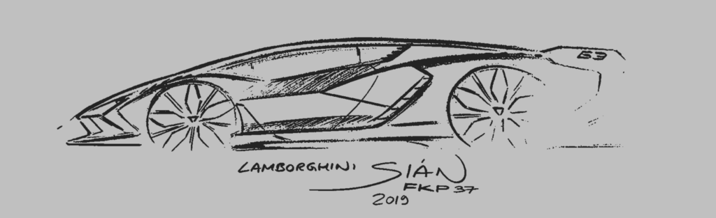 Screenshot 2026-01-22 at 213442 Sketch of Lamborghini Sián FKP 37, showcasing sleek aerodynamic design with artistic strokes, model year 2019. | Sky Rye Design Sketch of Lamborghini Sián FKP 37, showcasing sleek aerodynamic design with artistic strokes, model year 2019.