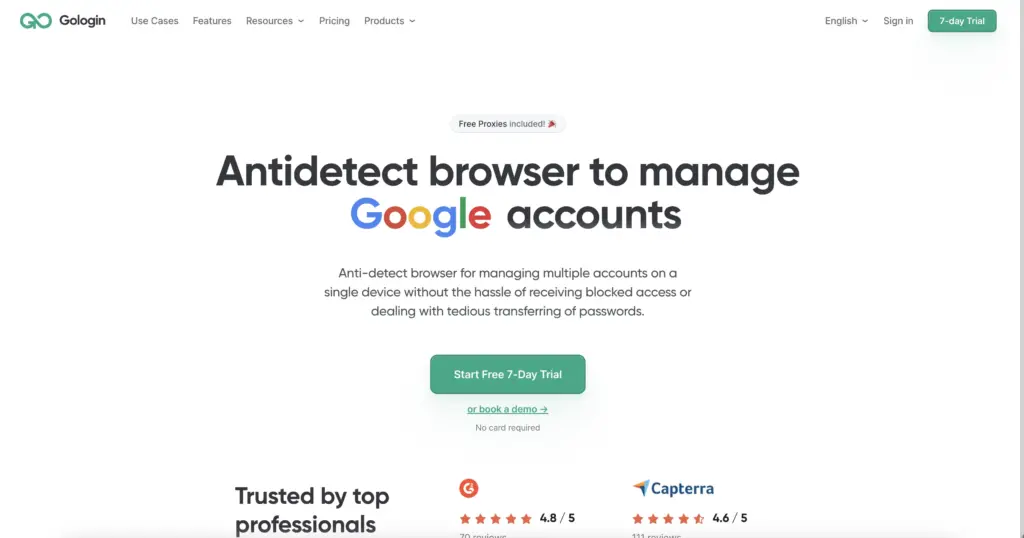 Antidetect browser for managing multiple Google accounts easily with free proxies. Start your free 7-day trial at Gologin.