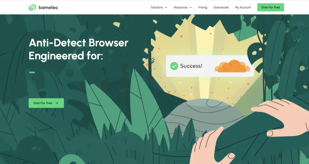 Illustration of an anti-detect browser ad with a success message and a Start for Free button, featuring a leafy design.