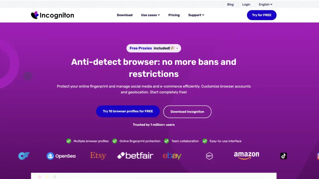 Purple Incogniton banner promoting anti-detect browser with free proxies, protecting online fingerprints for secure e-commerce and social media use.