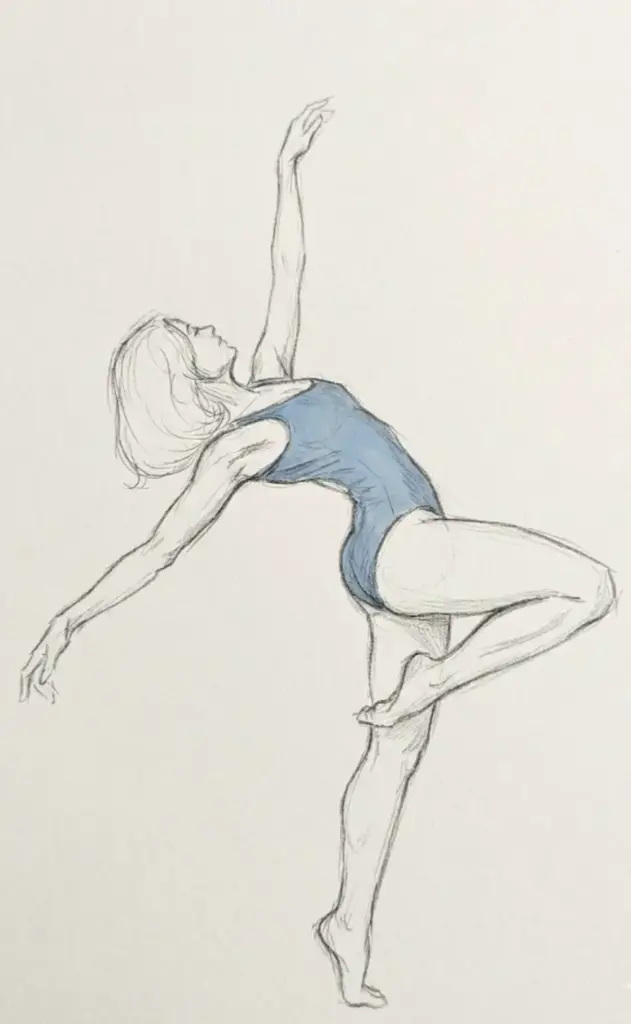Pencil sketch of a ballet dancer in a blue leotard performing an elegant arabesque-like pose, graceful figure drawing.