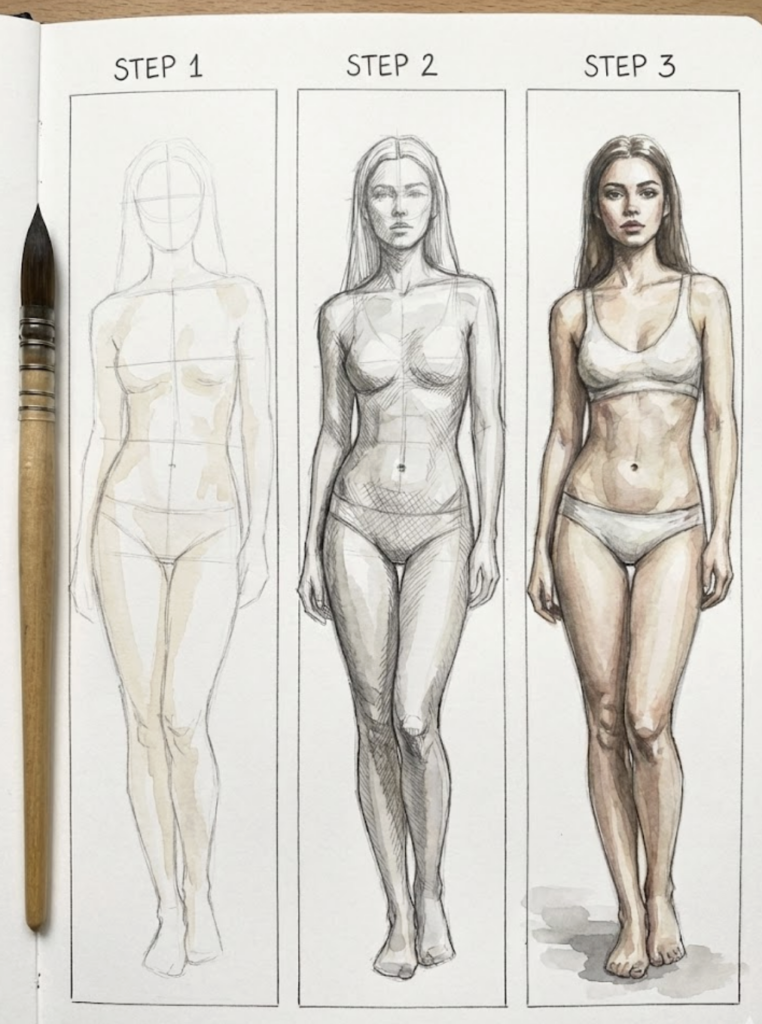 Step-by-step female figure drawing tutorial: panel 1 rough sketch, panel 2 shaded pencil anatomy, panel 3 watercolor finished figure with brush.