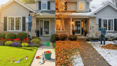 Man cleaning gutters in summer and raking leaves in autumn in front of the same house, showing seasonal home maintenance