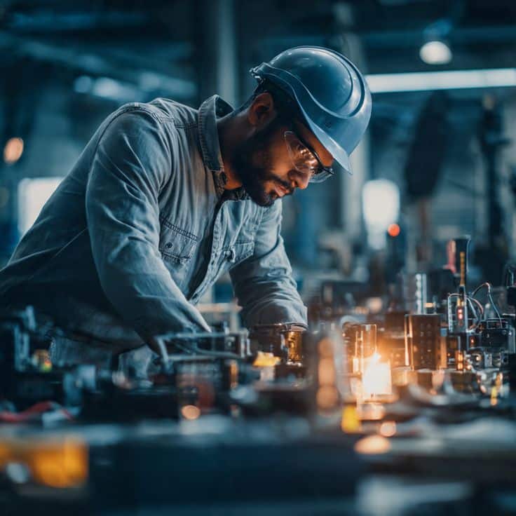 Service Engineer WNMSE16122025 _Machinery Engineer wearing a hard hat and safety glasses works on industrial machinery in a factory setting. | Sky Rye Design Engineer wearing a hard hat and safety glasses works on industrial machinery in a factory setting.