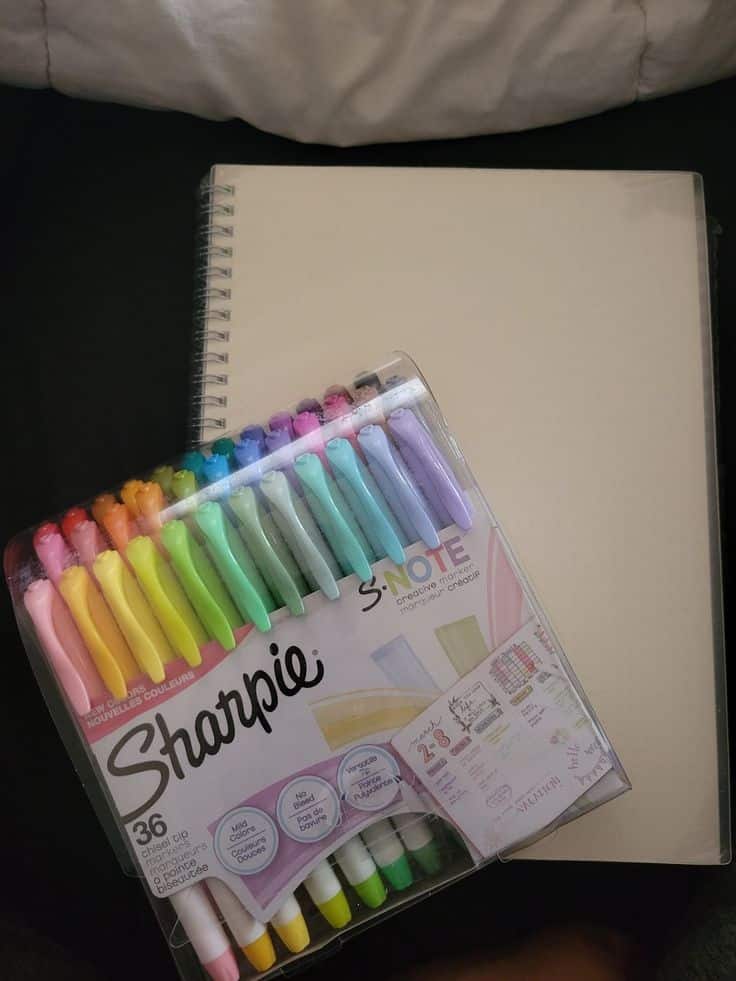 Sharpie Markers Pack of colorful Sharpie markers next to a spiral-bound notebook, perfect for creative journaling and note-taking. | Sky Rye Design Pack of colorful Sharpie markers next to a spiral-bound notebook, perfect for creative journaling and note-taking.