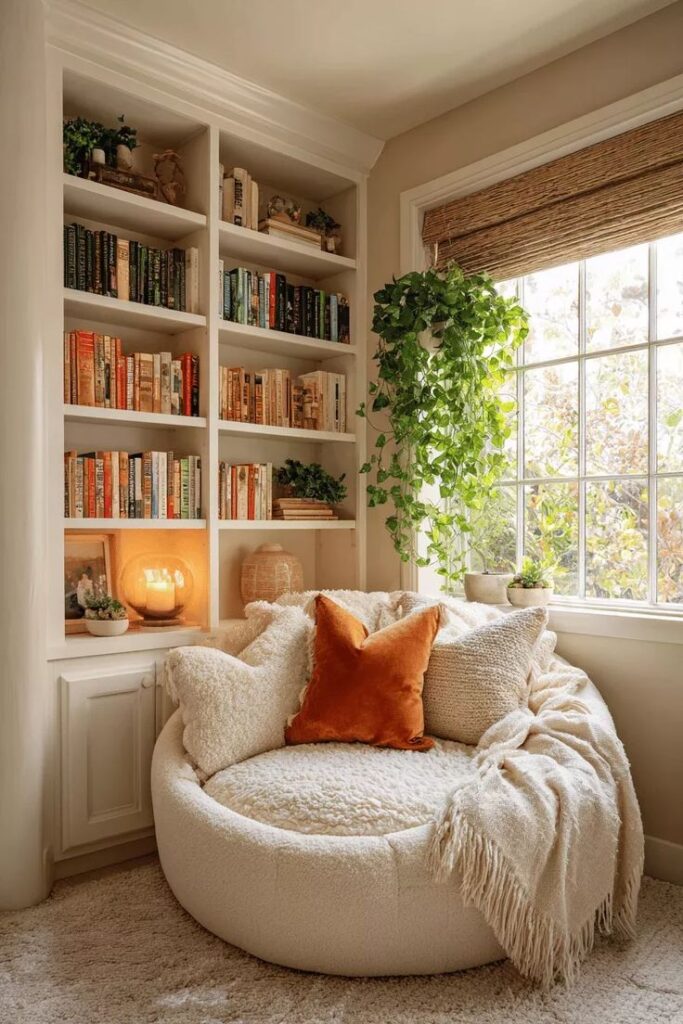 Sherwin Williams Modern Farmhouse Paint Palette _ Whole House Color Scheme _ Coordinating Neutral Home Paint Colors - Etsy Cozy reading nook with plush seating, soft pillows, a vibrant throw, bookshelves, and a sunlit window adorned with lush green plants. | Sky Rye Design Cozy reading nook with plush seating, soft pillows, a vibrant throw, bookshelves, and a sunlit window adorned with lush green plants.