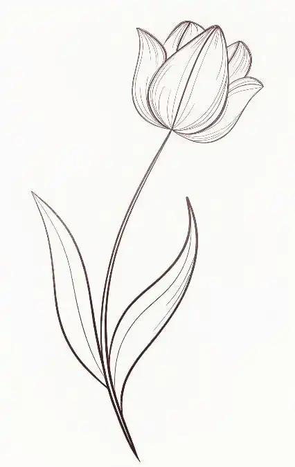 Line art of a delicate tulip with two leaves, emphasizing its natural elegance and simplicity. Perfect for floral design and