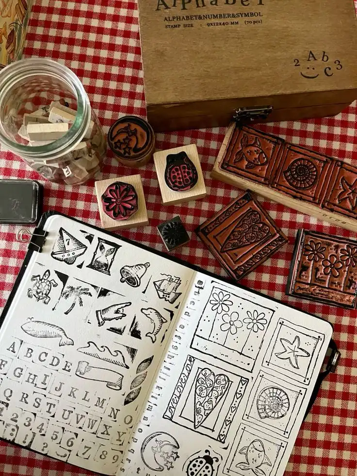 Craft stamps and a notebook with stamped images on a red checkered tablecloth, featuring alphabets and nature-themed designs.