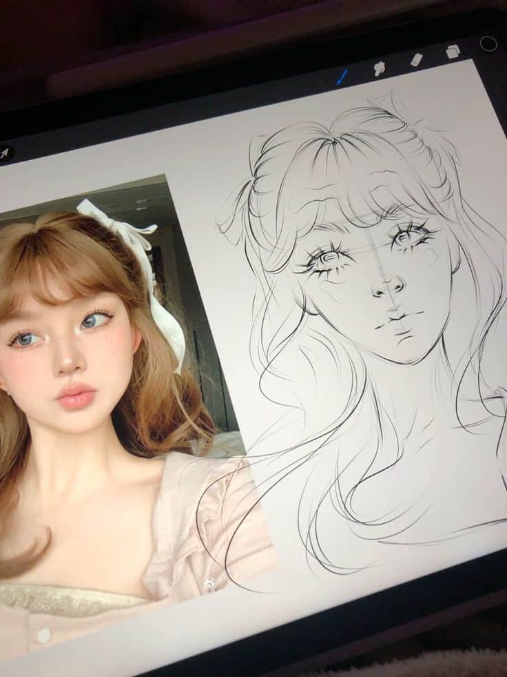 Sketch Portrait of a young woman with long hair beside a digital sketch of her face on a tablet screen, showcasing artistic inspiration. | Sky Rye Design Portrait of a young woman with long hair beside a digital sketch of her face on a tablet screen, showcasing artistic inspiration.