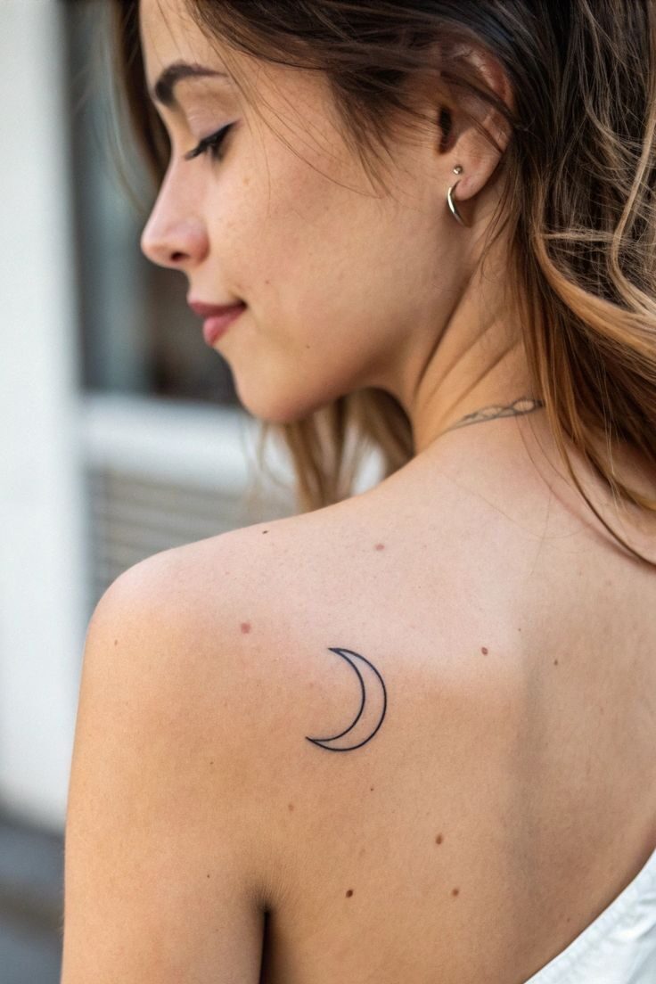 Sleek Crescent Moon Tattoo Inspiration Woman with a crescent moon tattoo on shoulder, wearing a white top, outdoors. Minimalist body art design for fashion inspiration. | Sky Rye Design Woman with a crescent moon tattoo on shoulder, wearing a white top, outdoors. Minimalist body art design for fashion inspiration.