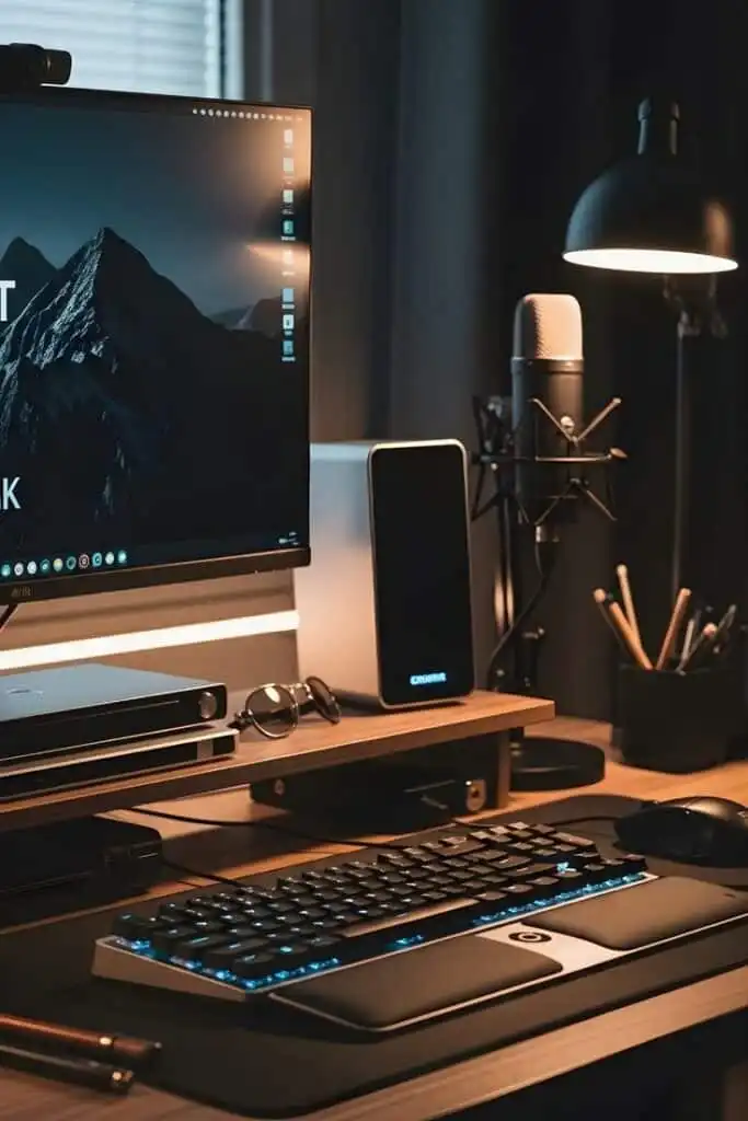 Modern desktop workspace with a glowing keyboard, monitor, microphone, and stylish desk lamp, creating an inviting tech setup.