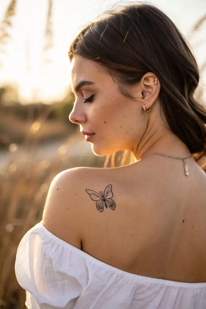 Small Butterfly Tattoo Ideas for Women Minimal Meaningful Designs Woman with butterfly tattoo on shoulder in outdoor setting, wearing a white off-the-shoulder top, enjoying the golden sunset. | Sky Rye Design Woman with butterfly tattoo on shoulder in outdoor setting, wearing a white off-the-shoulder top, enjoying the golden sunset.