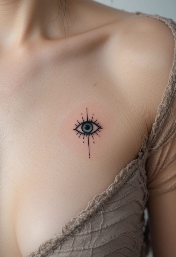 Small Evil Eye Tattoo Minimalist eye tattoo on upper chest, featuring a delicate geometric design with radiating lines and dots. | Sky Rye Design Minimalist eye tattoo on upper chest, featuring a delicate geometric design with radiating lines and dots.