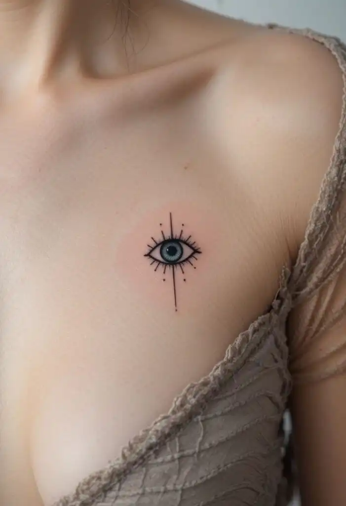 Small Evil Eye Tattoo Minimalist eye tattoo on upper chest, featuring a delicate geometric design with radiating lines and dots. | Sky Rye Design Minimalist eye tattoo on upper chest, featuring a delicate geometric design with radiating lines and dots.