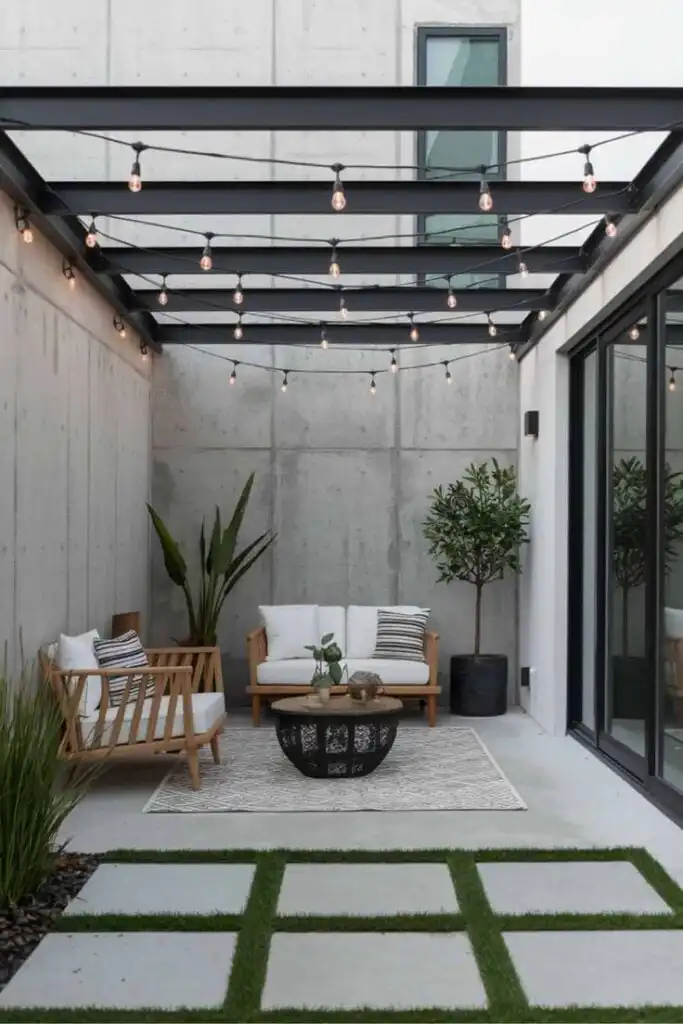 Modern patio with string lights, wooden furniture, and potted plants, creating a cozy outdoor space with a contemporary