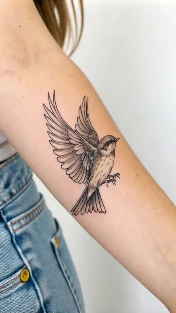 Detailed bird tattoo on person's arm, showcasing a sparrow with wings spread, complemented by denim jeans.