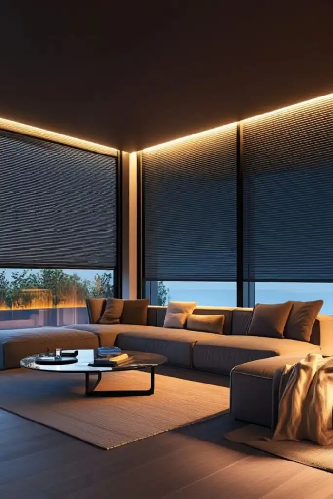 Smart Blinds with Voice Control Modern living room with a sectional sofa, large windows, and soft lighting, creating a cozy and elegant ambiance. | Sky Rye Design Modern living room with a sectional sofa, large windows, and soft lighting, creating a cozy and elegant ambiance.