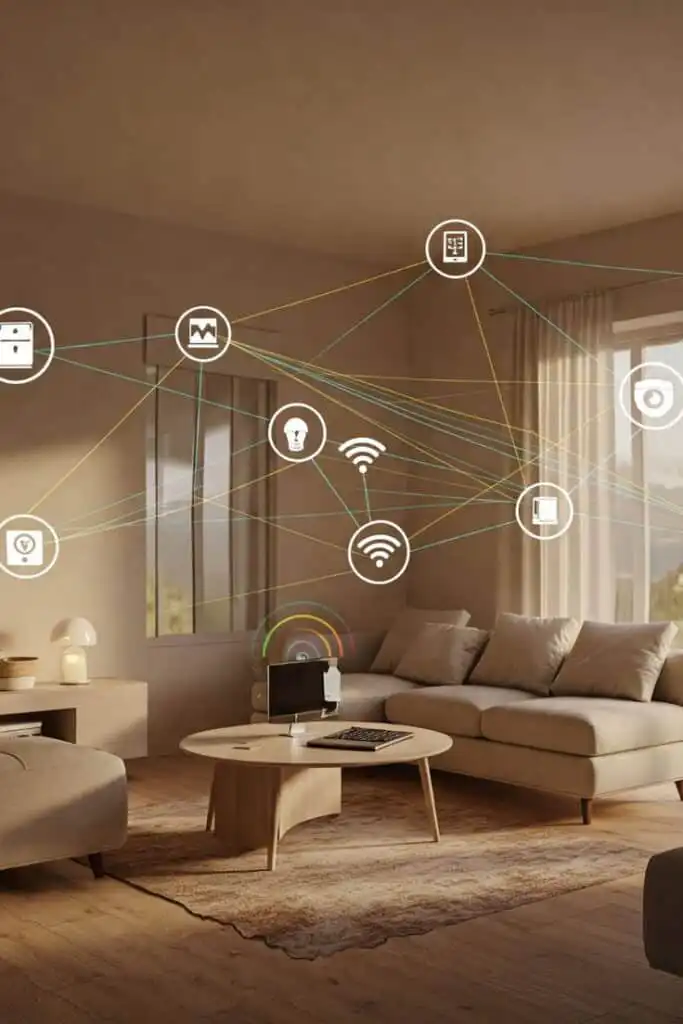 Modern living room with smart home technology, featuring interconnected devices and a cozy beige sofa, enhancing connectivity and comfort.