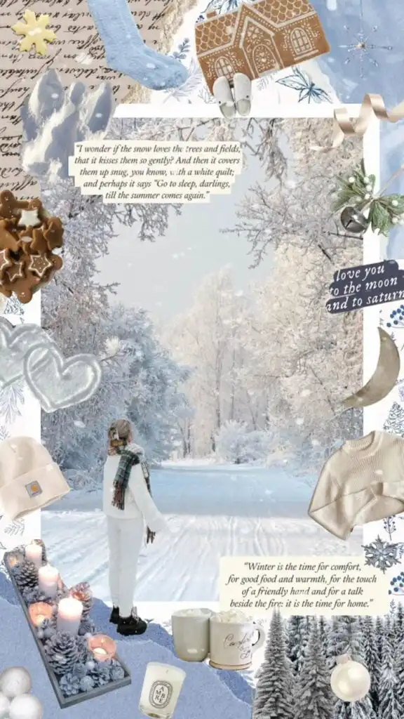 Winter collage with cozy elements: snowy landscape, candles, warm drinks, gingerbread house, and quotes about comfort and snow.