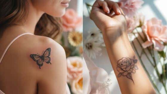 Soft Aesthetic Tattoo Ideas for a Delicate and Dreamy Look Butterfly tattoo on woman's shoulder and rose tattoo on her forearm, surrounded by soft pink flowers in natural light. | Sky Rye Design Butterfly tattoo on woman's shoulder and rose tattoo on her forearm, surrounded by soft pink flowers in natural light.