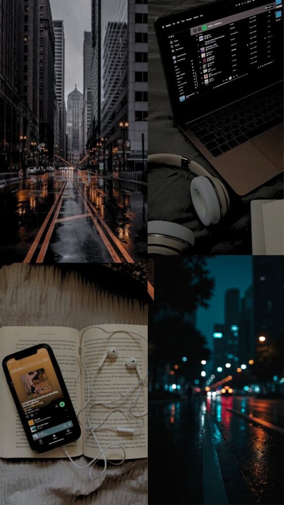 Soft Dreams_ An Aesthetic Collage Combination Urban night scene collage: wet city streets, open book with earphones, and a laptop playing music in cozy ambiance. | Sky Rye Design Urban night scene collage: wet city streets, open book with earphones, and a laptop playing music in cozy ambiance.