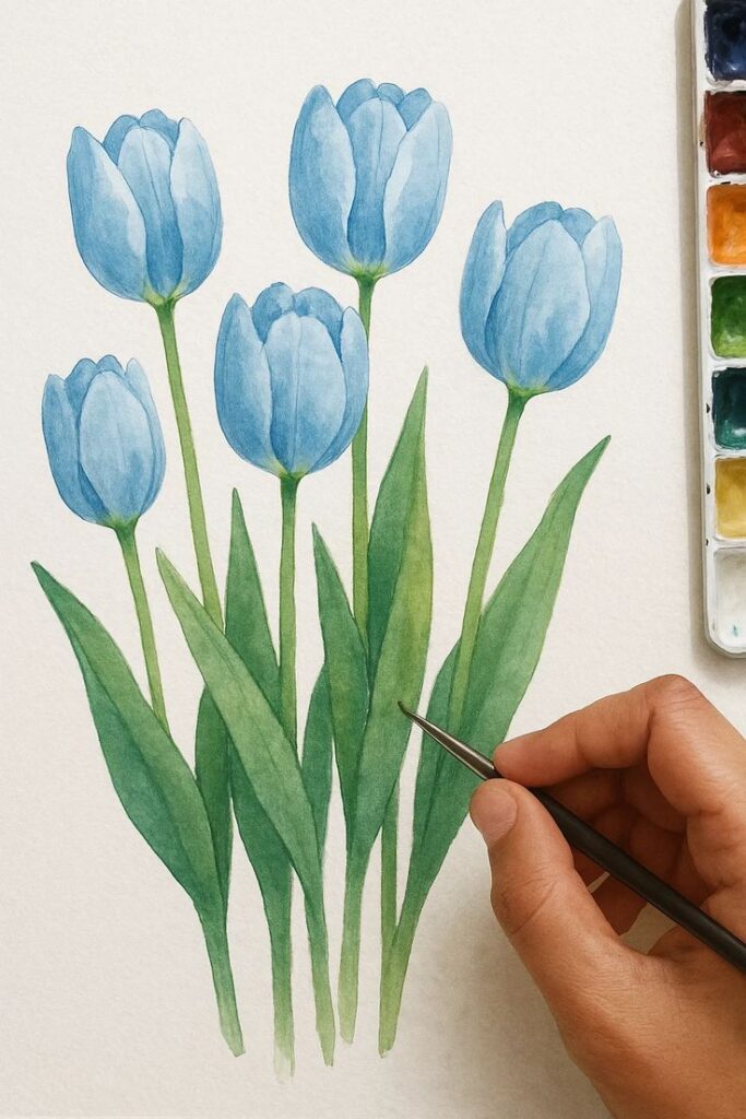 Watercolor painting of five blue tulips with vibrant green leaves, artist's hand visible holding a brush, showcasing