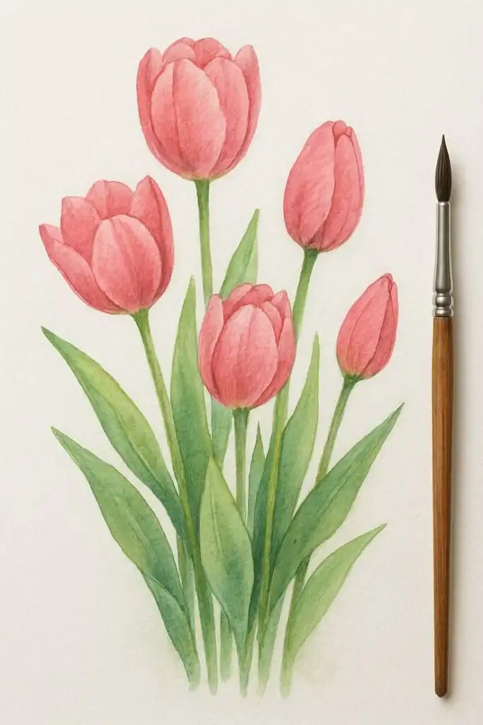 Watercolor painting of pink tulips with green leaves, accompanied by a paintbrush on a light background.