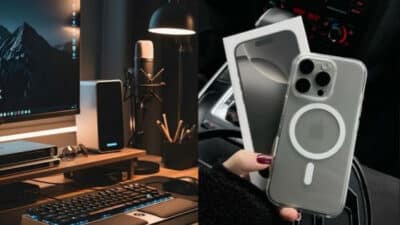 Modern workspace setup with computer and microphone; person holding a new smartphone in a car, highlighting tech lifestyle.