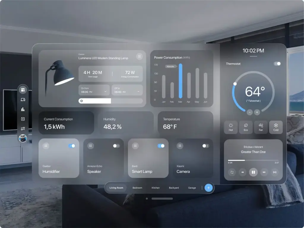 Spatial UI and 3D Interfaces 1 Smart home control interface displaying energy usage, humidity, temperature, and device settings on a transparent screen in a modern living room. | Sky Rye Design Smart home control interface displaying energy usage, humidity, temperature, and device settings on a transparent screen in a modern living room.