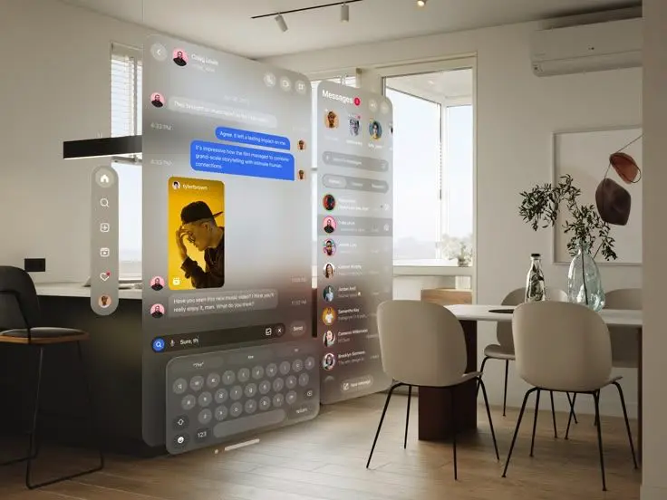 Spatial UI and 3D Interfaces 2 Futuristic AR chat interface projected in a modern dining room, showcasing advanced technology blending with contemporary home decor. | Sky Rye Design Futuristic AR chat interface projected in a modern dining room, showcasing advanced technology blending with contemporary home decor.