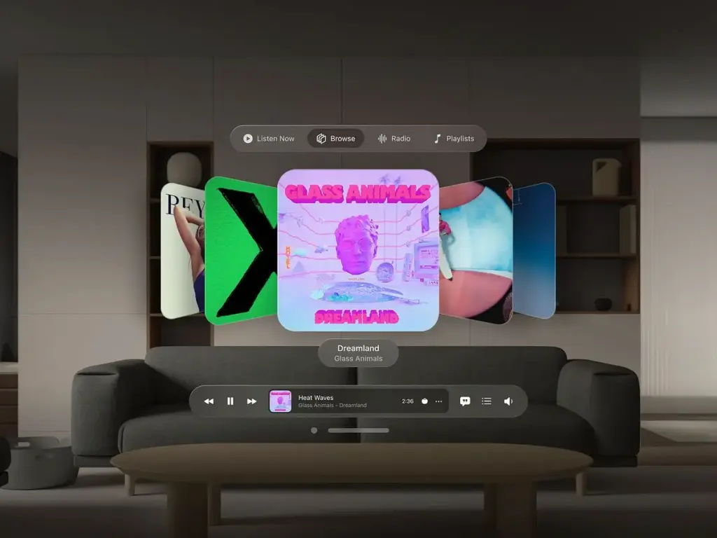 Spatial UI and 3D Interfaces 4 Music streaming interface showcasing album Dreamland by Glass Animals on a modern living room TV screen, featuring playlist controls. | Sky Rye Design Music streaming interface showcasing album Dreamland by Glass Animals on a modern living room TV screen, featuring playlist controls.