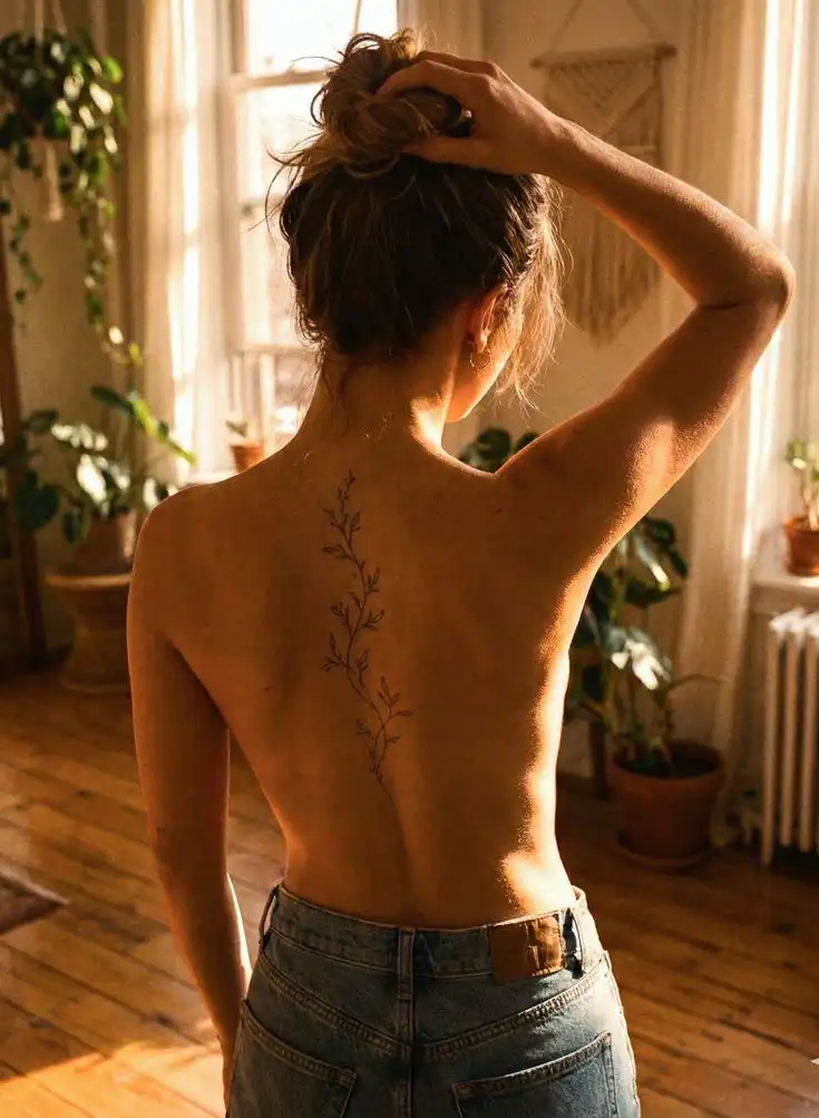 Woman with floral spine tattoo in sunlit room, wearing jeans and hair in a bun, surrounded by plants and wooden flooring.