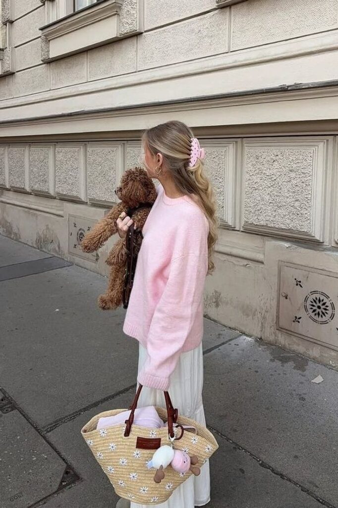 Statement Clip Hearts Woman in pink sweater holding teddy bear and straw bag with toy keychains, walking on city street with elegant architecture. | Sky Rye Design Woman in pink sweater holding teddy bear and straw bag with toy keychains, walking on city street with elegant architecture.