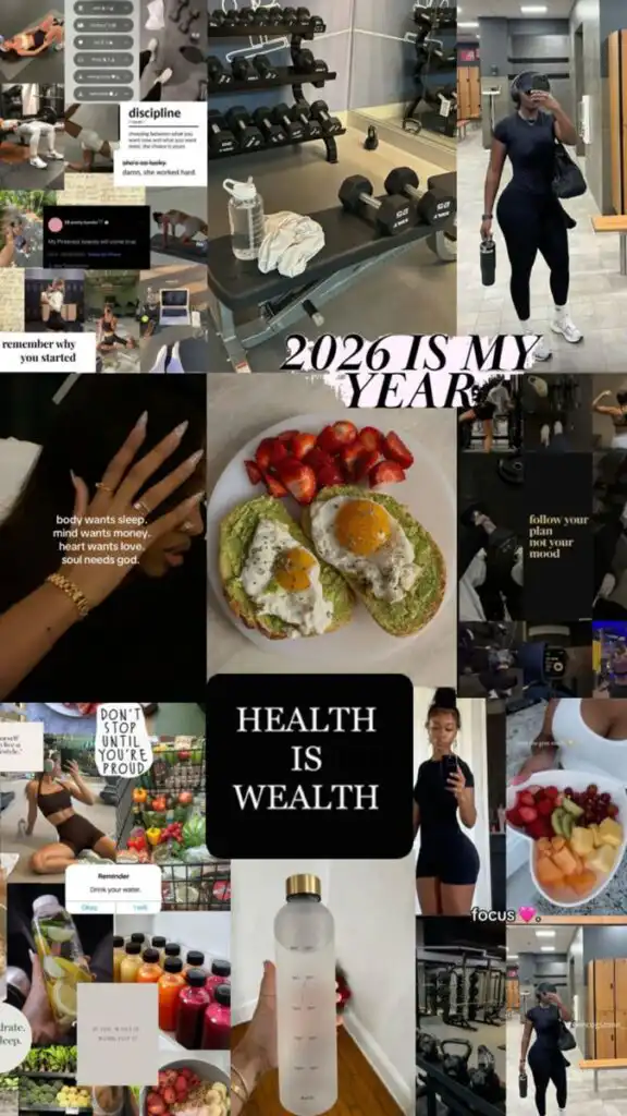 Step into 2026 strong_ wellness habits selfcare health wins youll love_ healthgoals selfcare Collage of fitness motivation images, including gym scenes, healthy food, and inspiring quotes. Emphasis on health as wealth. | Sky Rye Design Collage of fitness motivation images, including gym scenes, healthy food, and inspiring quotes. Emphasis on health as wealth.