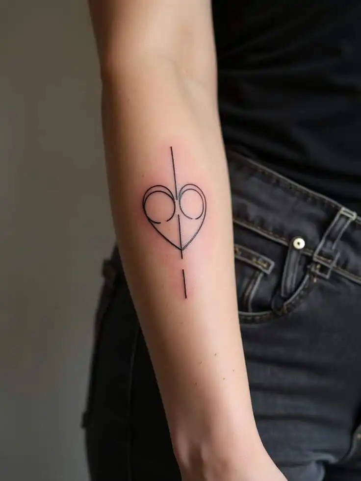 Minimalist line tattoo of a stylized heart and scissors on a person's forearm, showcasing simplicity and artistic expression.