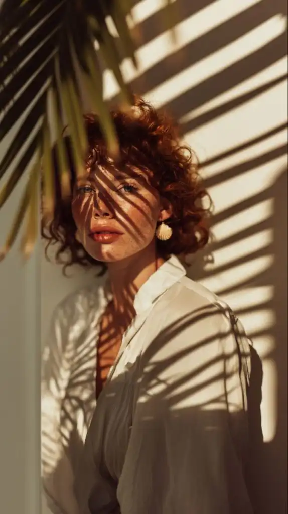 Woman in soft evening light with leaf shadows on her face, wearing a white blouse and artistic earrings.