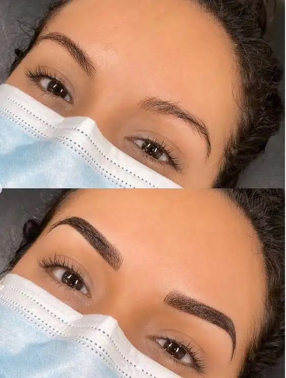 Super soft brows Before and after eyebrow transformation showing enhanced shape and definition, highlighting dramatic cosmetic improvement. | Sky Rye Design Before and after eyebrow transformation showing enhanced shape and definition, highlighting dramatic cosmetic improvement.