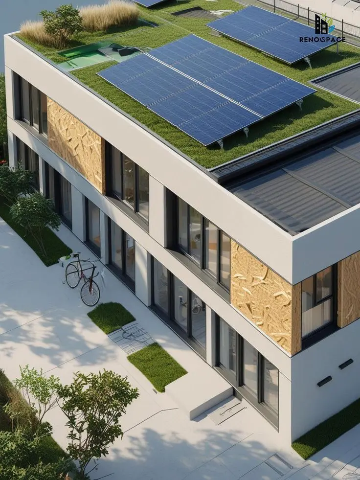 Modern building with solar panels and green roof, eco-friendly architecture, sustainable design, and bicycle parking.