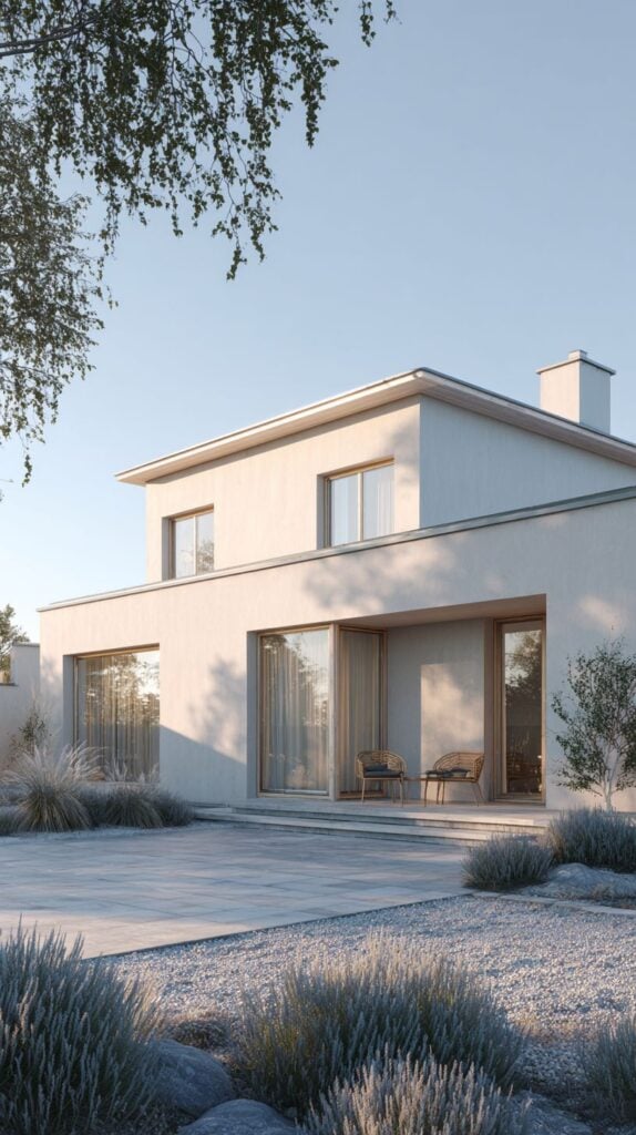 Modern two-story house with large windows, minimalist garden, and serene outdoor seating area under a clear blue sky.