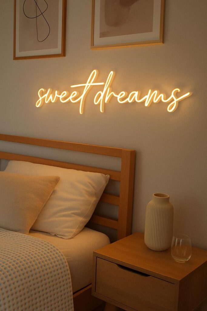 Sweet dreams neon sign for bedroom- wall light for cozy home decor_ Cozy bedroom with sweet dreams neon sign above wooden bed, beige pillows, and bedside table with vase, creating a warm, inviting ambiance. | Sky Rye Design Cozy bedroom with sweet dreams neon sign above wooden bed, beige pillows, and bedside table with vase, creating a warm, inviting ambiance.