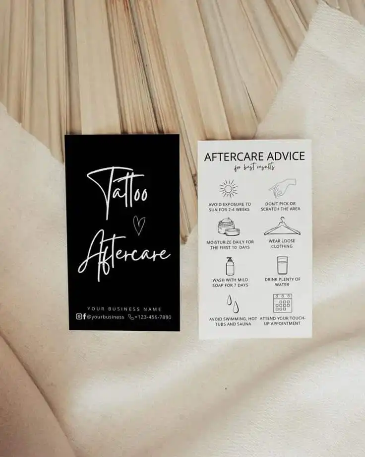 Tattoo Aftercare Card Template_ Customizable Care Instructions canva Editable - Etsy Tattoo aftercare cards on fabric: advice includes sun avoidance, moisturizing, and wearing loose clothing for optimal healing. | Sky Rye Design Tattoo aftercare cards on fabric: advice includes sun avoidance, moisturizing, and wearing loose clothing for optimal healing.