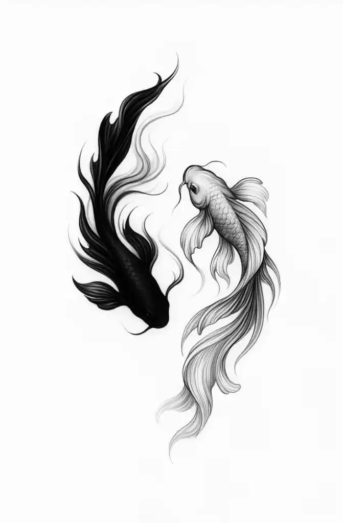 Elegant black and white koi fish swimming gracefully, symbolizing balance and harmony.