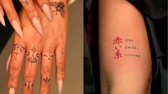 Tattoo Ideas About Self Love Meaningful Designs to Celebrate Inner Strength Close-up of hand tattoos featuring intricate designs and floral patterns, alongside an arm tattoo reading Our paths crossed in English and red script. | Sky Rye Design Close-up of hand tattoos featuring intricate designs and floral patterns, alongside an arm tattoo reading Our paths crossed in English and red script.