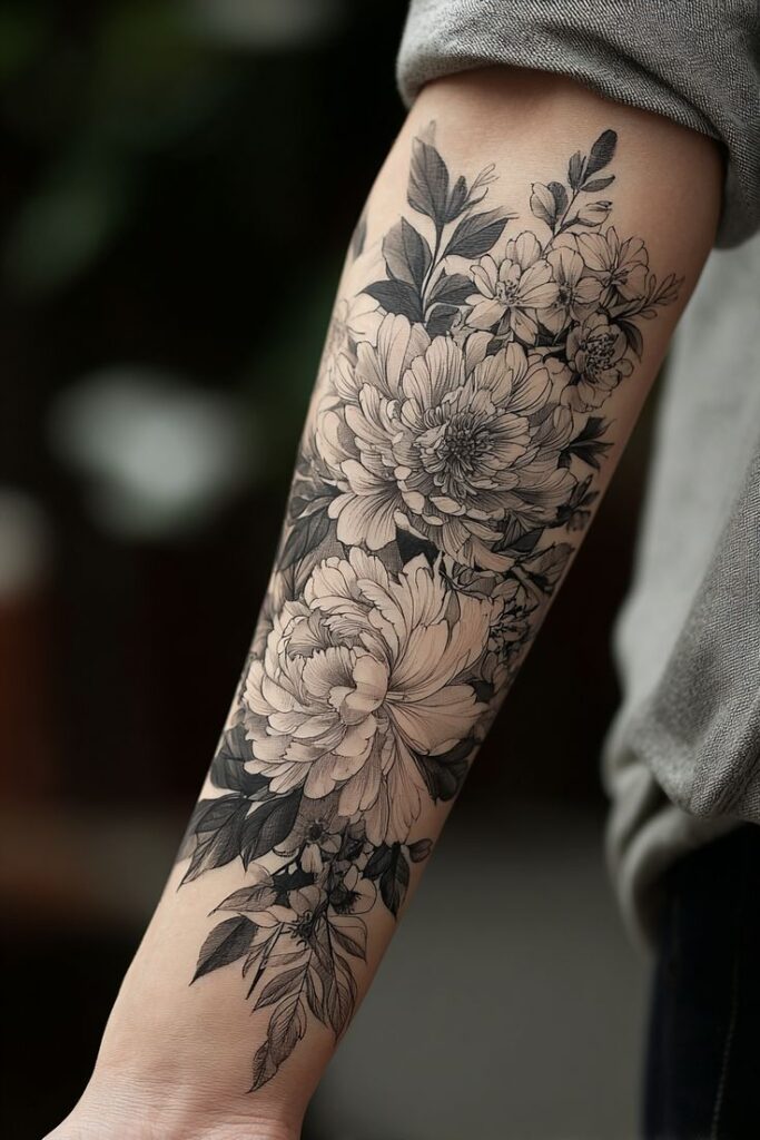 Tattoo _ Тату _ Tetoválás _ Tatuaxe _ Tatoeëren _ Tatuaje _ 纹身 _ 타투 _ สัก _ टटू _ 入れ墨 _ Tattoos Intricate black floral tattoo on forearm, featuring detailed peonies and leaves, blending art and nature for a stylish aesthetic. | Sky Rye Design Intricate black floral tattoo on forearm, featuring detailed peonies and leaves, blending art and nature for a stylish aesthetic.