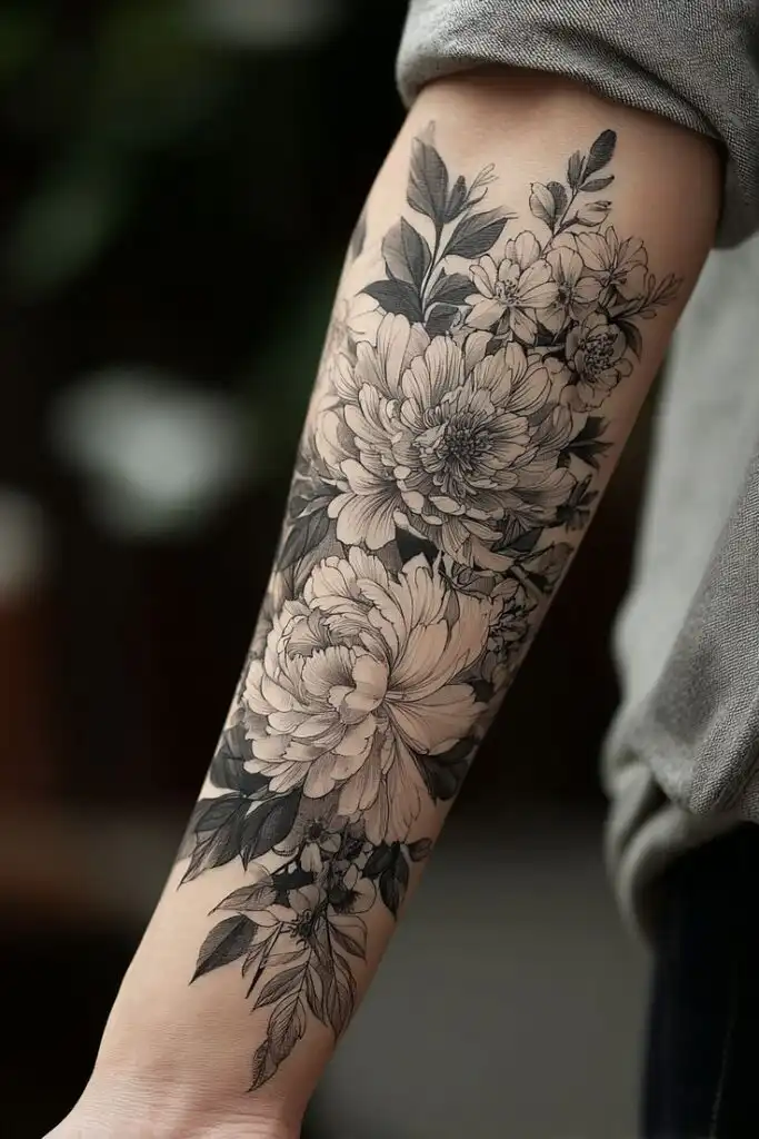 Intricate black floral tattoo on forearm, featuring detailed peonies and leaves, blending art and nature for a stylish aesthetic.
