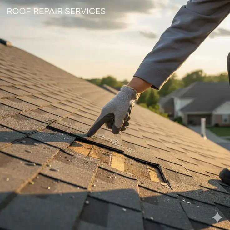 Worker repairing roof shingles on a sunny day, highlighting roof maintenance and repair services for homes.