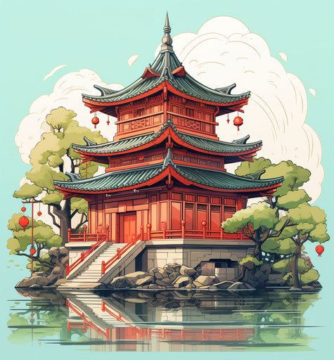 Temple Tattoo Design Pack Illustration of a traditional Japanese pagoda by a serene lake, surrounded by trees and clouds, with red lanterns adorning the structure. | Sky Rye Design Illustration of a traditional Japanese pagoda by a serene lake, surrounded by trees and clouds, with red lanterns adorning the structure.