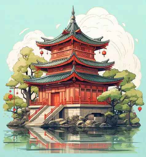 Illustration of a traditional Japanese pagoda by a serene lake, surrounded by trees and clouds, with red lanterns adorning the structure.
